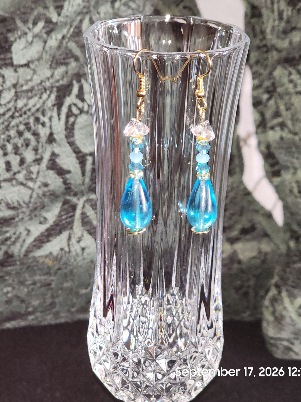 Handmade Blue Teardrop Glass Drop Swarovski Added